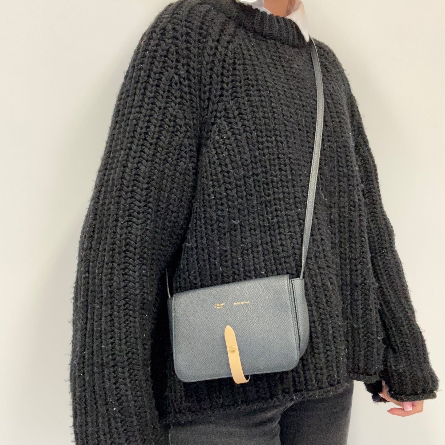 Celine Strap Crossbody & Clutch  Navy and Tan Leather