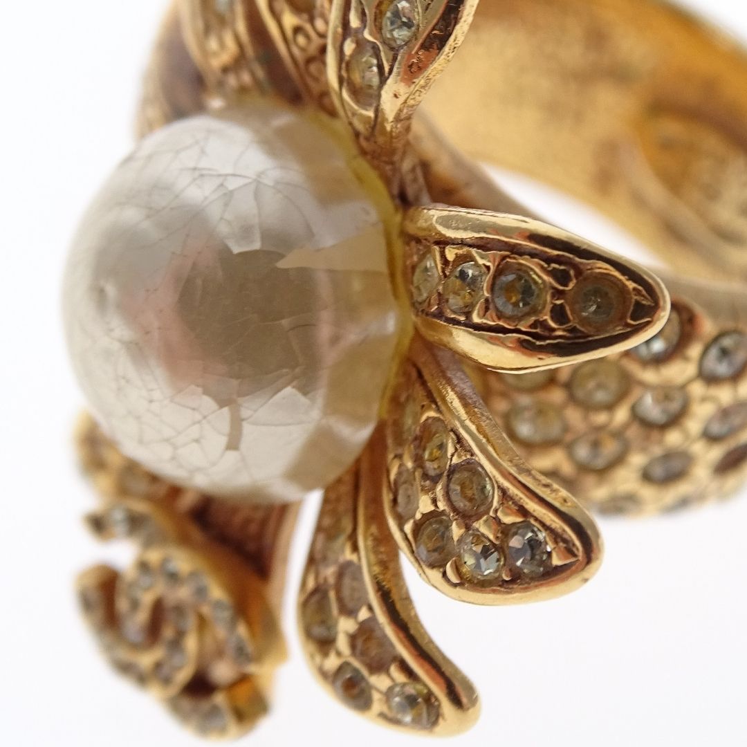 Chanel Cocktail Ring Goldtone With Costume Pearl & Strass Vintage 2005 Size 53