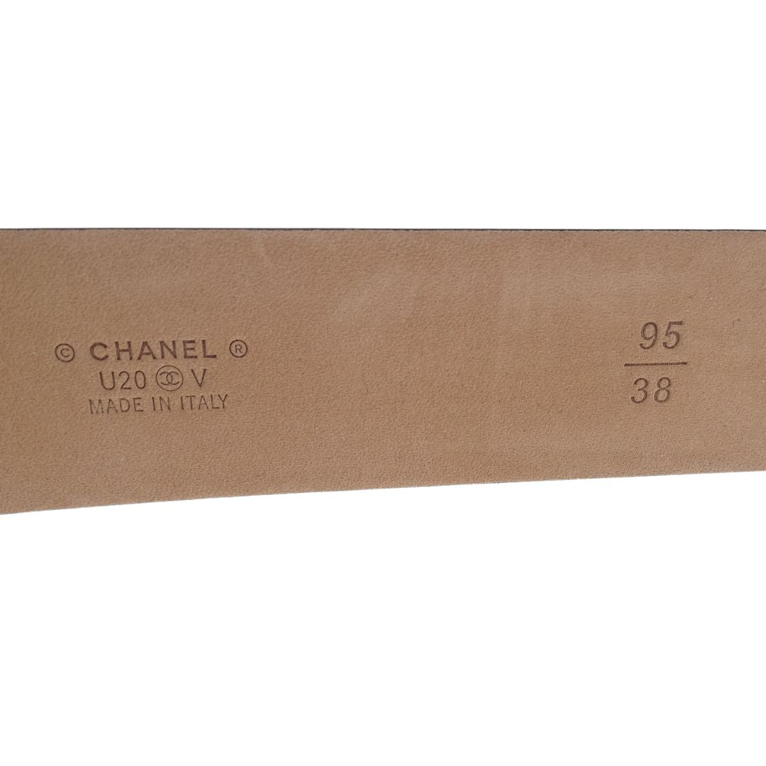 Chanel Belt Black Leather With Brushed Metal Buckle 95cm
