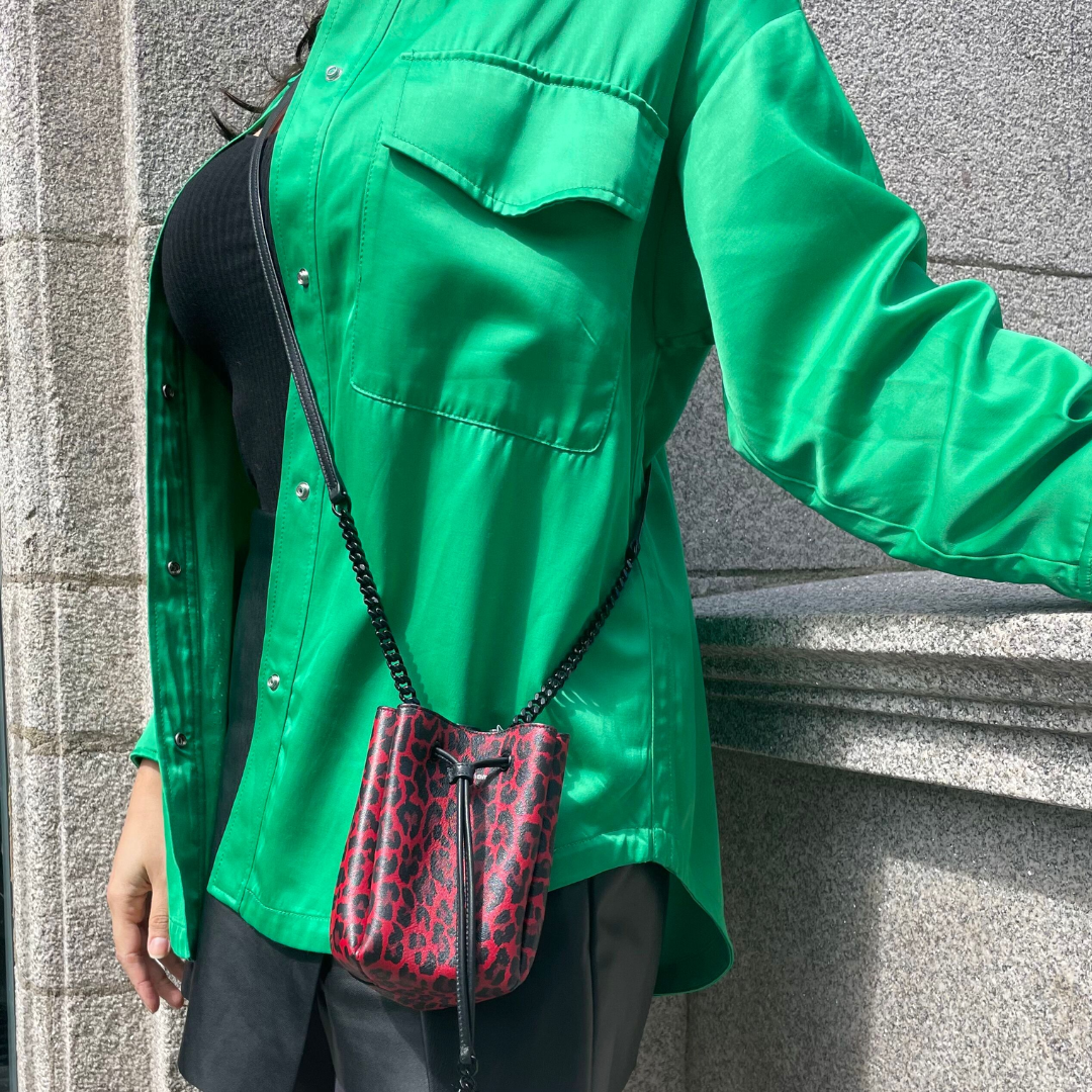 Saint Laurent Mini Red Leopard Drawstring Bucket Bag