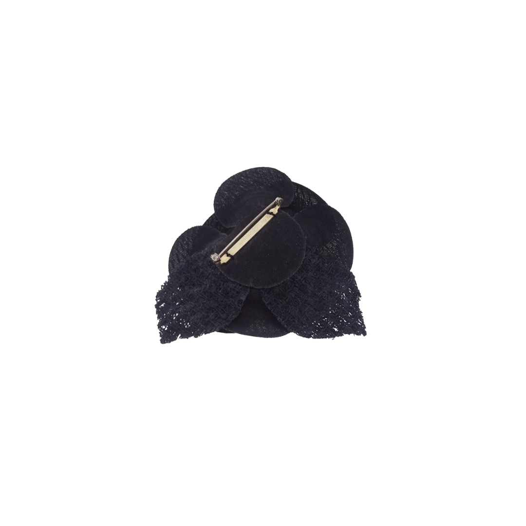 Chanel Black Satin and Tweed Camellia Brooch