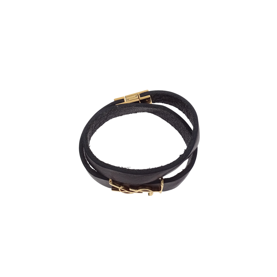 Saint Laurent Black Leather Opyum Double Wrap Bracelet