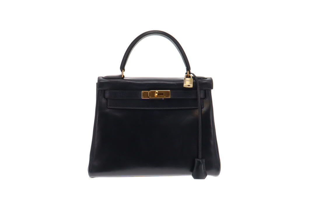 Hermes Navy Box Leather Kelly 28 1994 (with canvas strap)