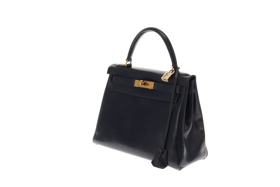 Hermes Navy Box Leather Kelly 28 1994 (with canvas strap)