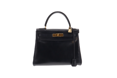 Hermes Navy Box Leather Kelly 28 1994 (with canvas strap)