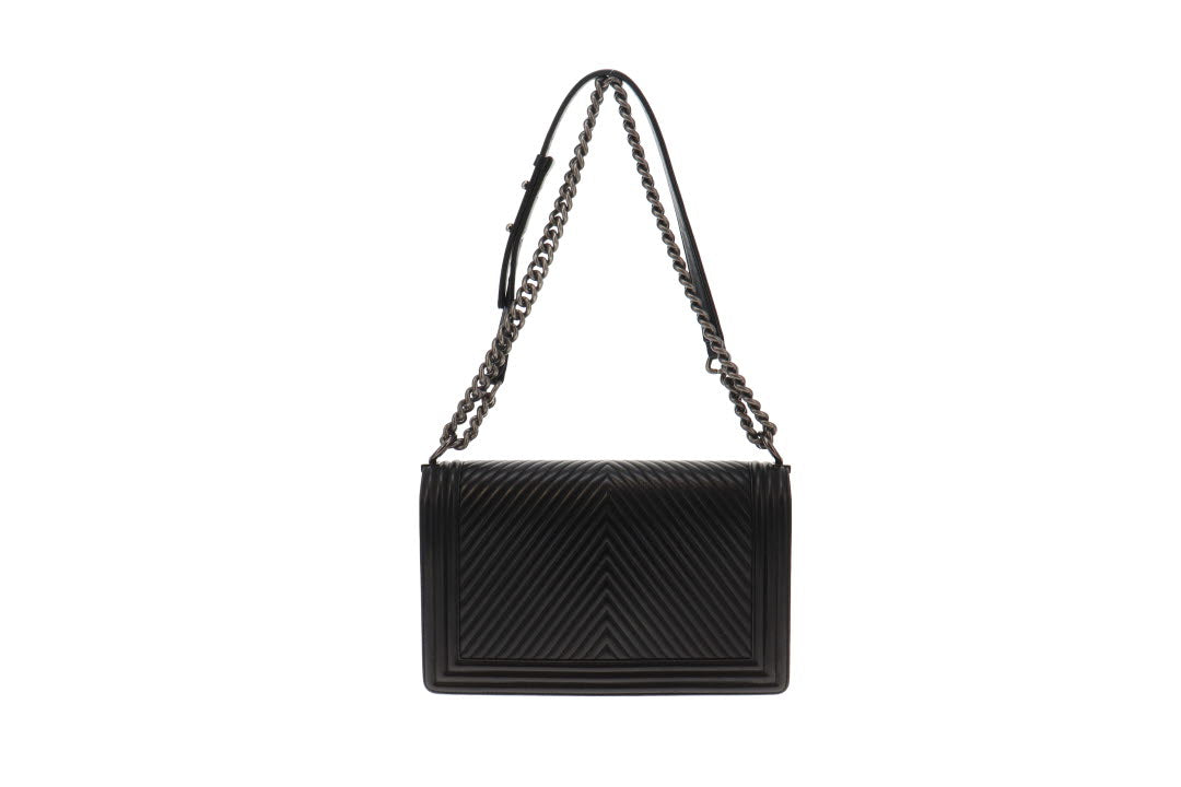 Chanel Black Calf Le Boy Bag Chevron Large