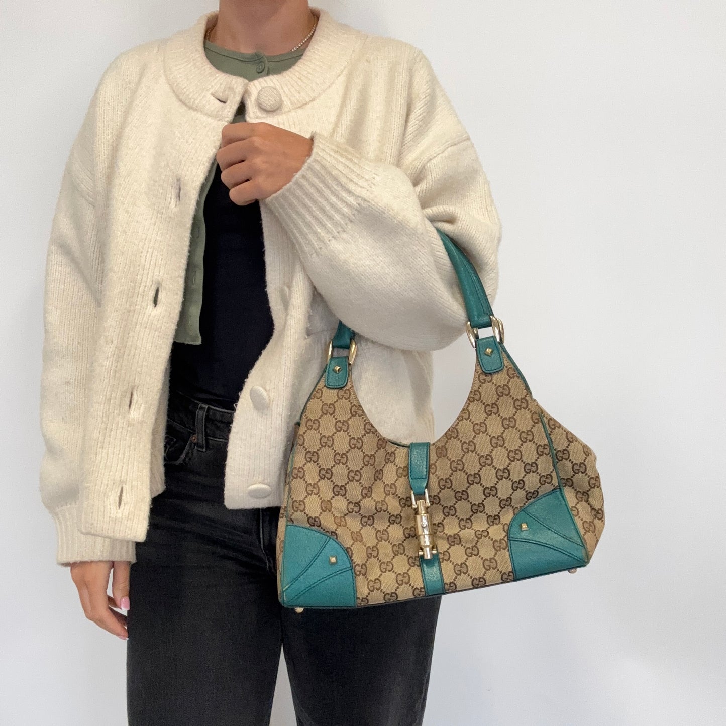 Gucci Jackie Vintage GG Canvas and Turquoise Leather