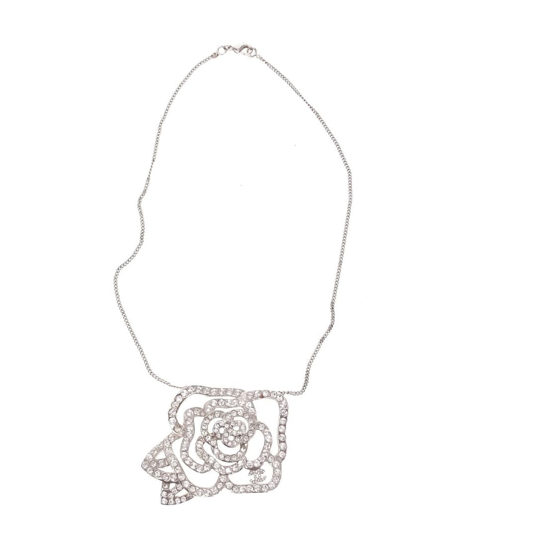 Chanel Camelia Strass Detail Large Pendant On Short Chain Necklace 2007P