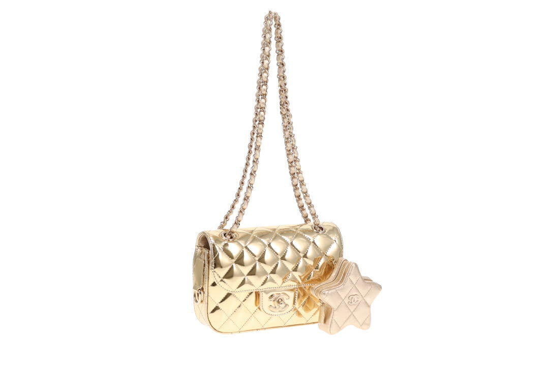 Chanel Mini Flap Bag in Mirrored Calf with Star Coin Purse in Metallic Calf 2024