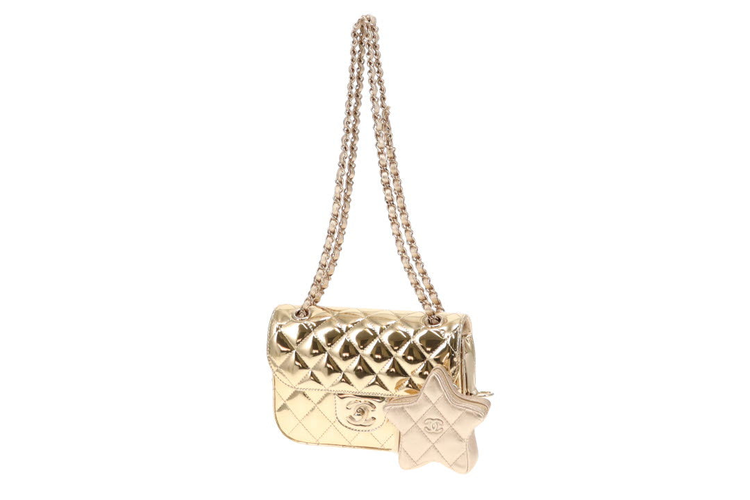 Chanel Mini Flap Bag in Mirrored Calf with Star Coin Purse in Metallic Calf 2024