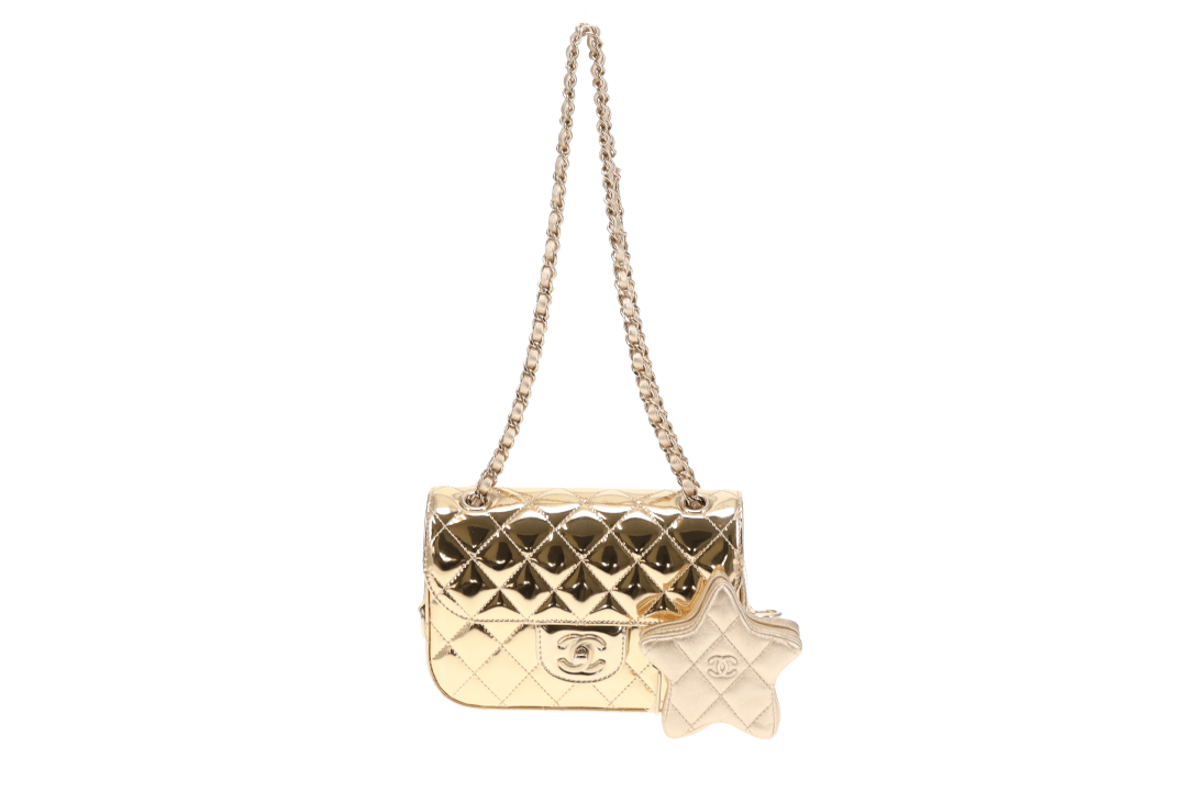 Chanel Mini Flap Bag in Mirrored Calf with Star Coin Purse in Metallic Calf 2024
