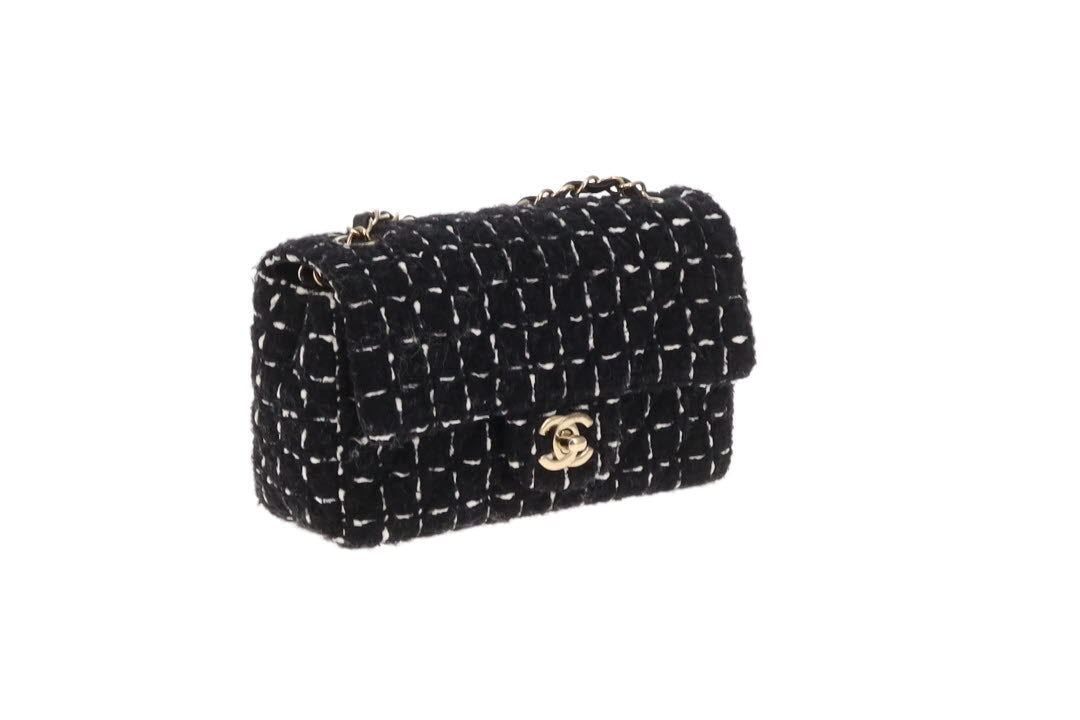 Chanel Mini Rectangle Flap Bag Black Tweed GHW 2023