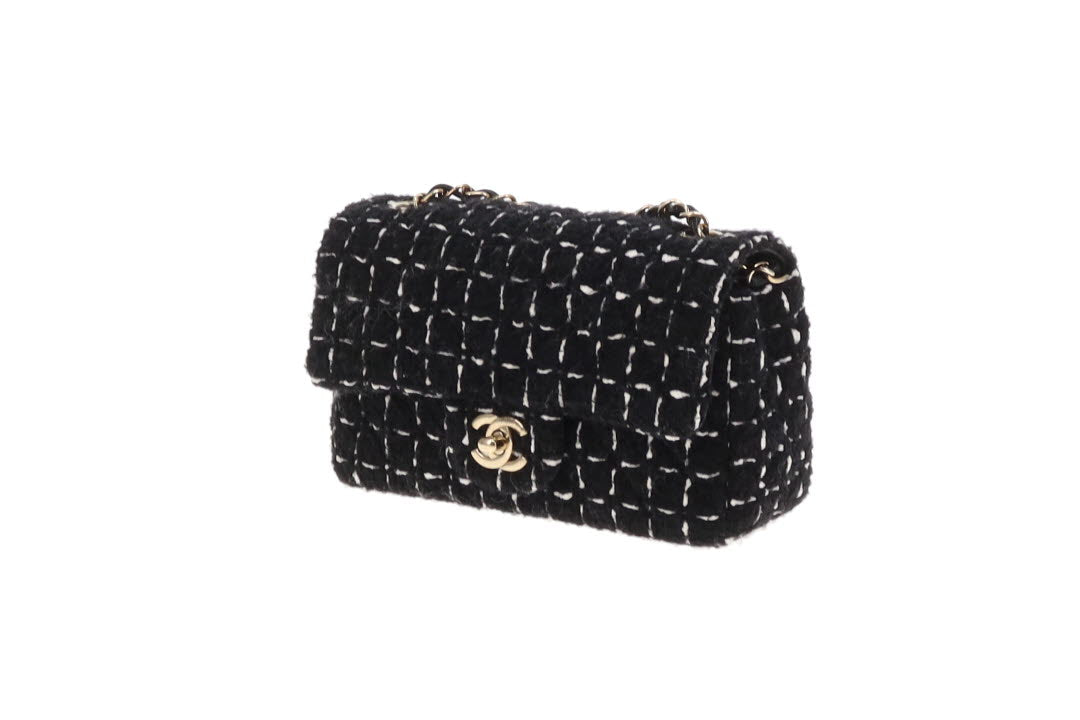 Chanel Mini Rectangle Flap Bag Black Tweed GHW 2023