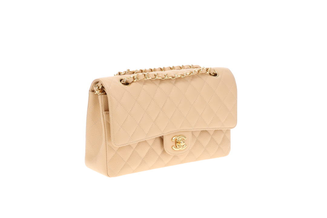 Chanel Classic Double Flap Medium Beige Caviar With Gold Hardware