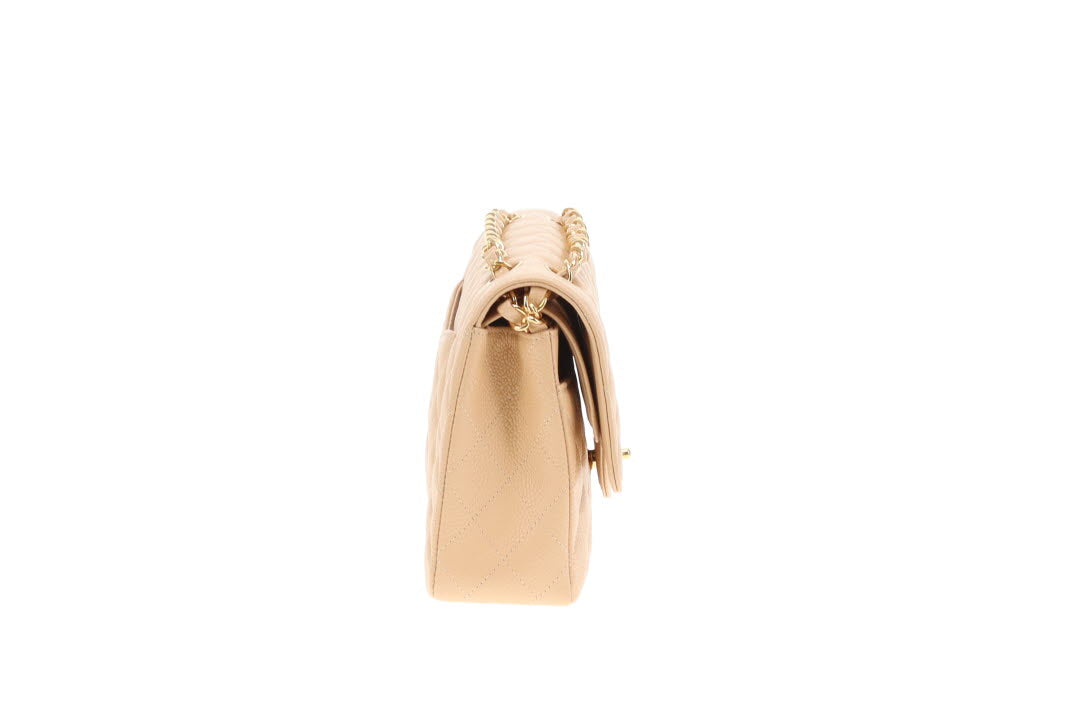 Chanel Classic Double Flap Medium Beige Caviar With Gold Hardware