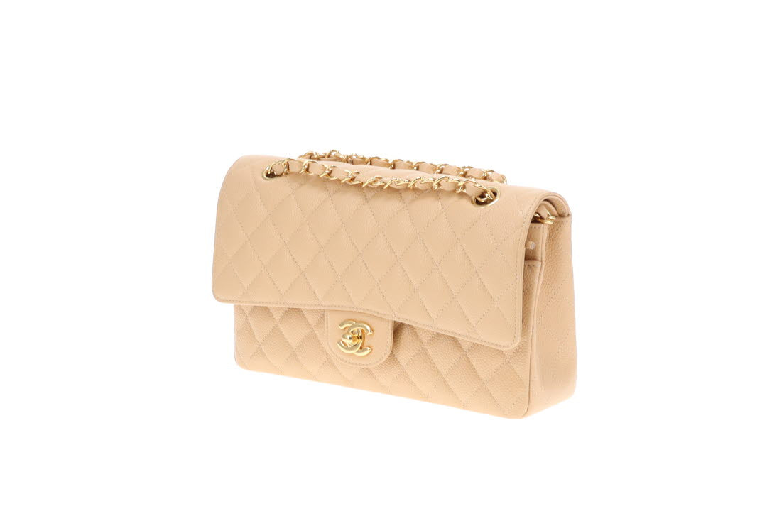Chanel Classic Double Flap Medium Beige Caviar With Gold Hardware