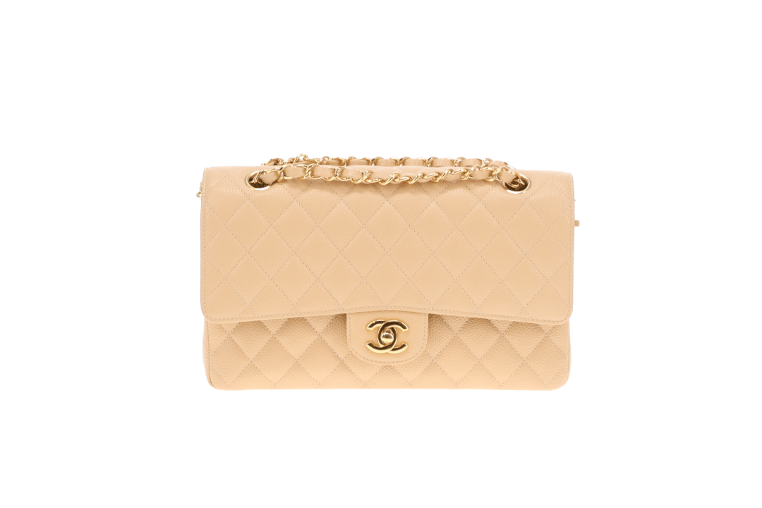 Chanel Classic Double Flap Medium Beige Caviar With Gold Hardware