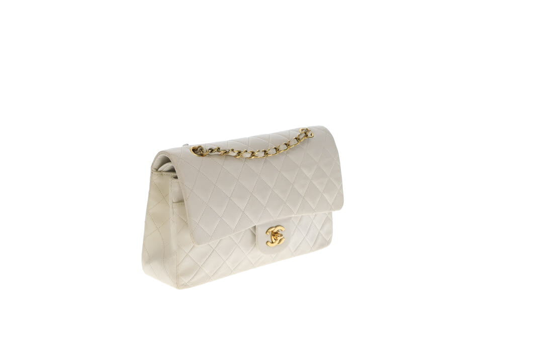 Chanel Classic Double Flap White Medium With Gold Hardware Vintage 1991/94