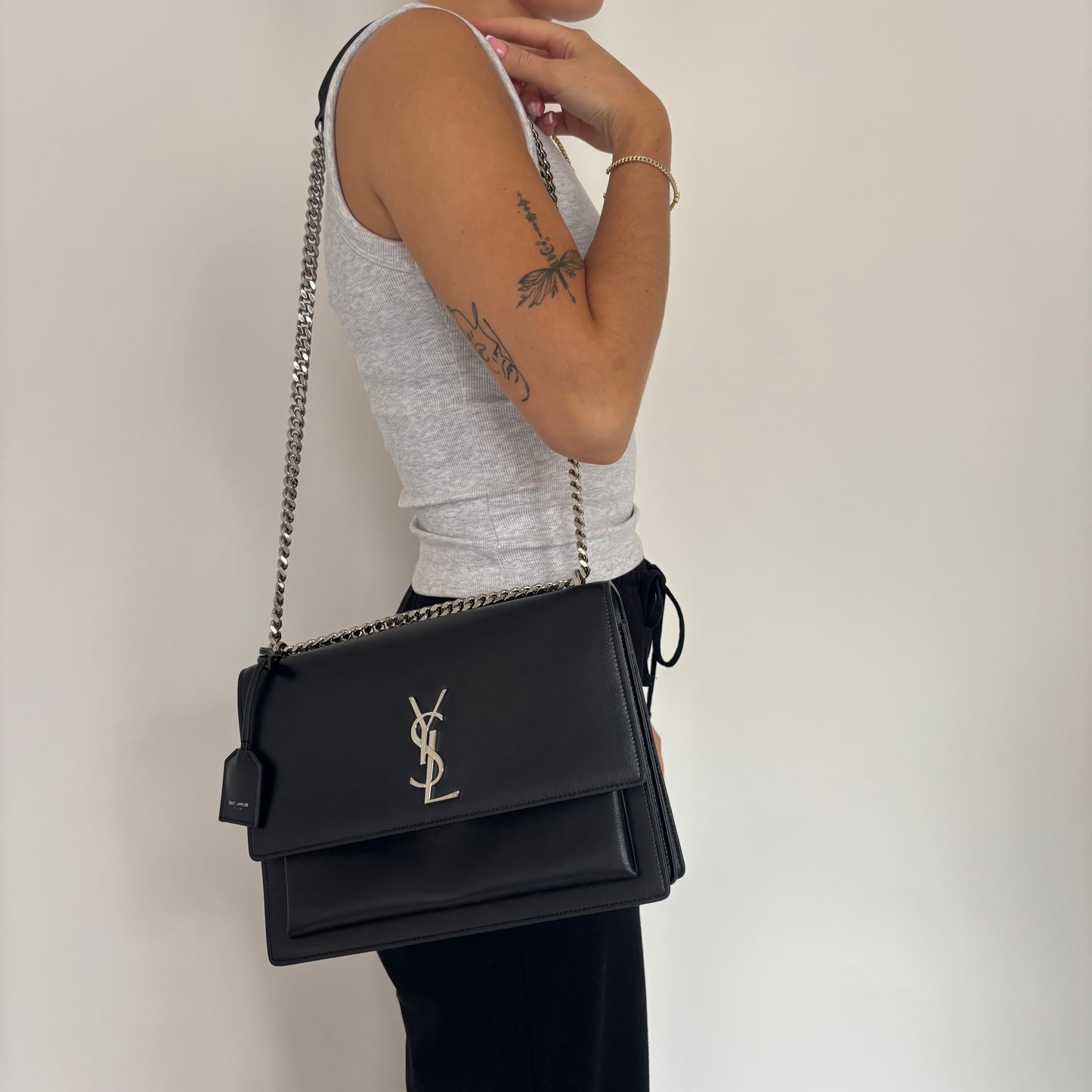 Saint Laurent Sunset Large Black Leather SHW