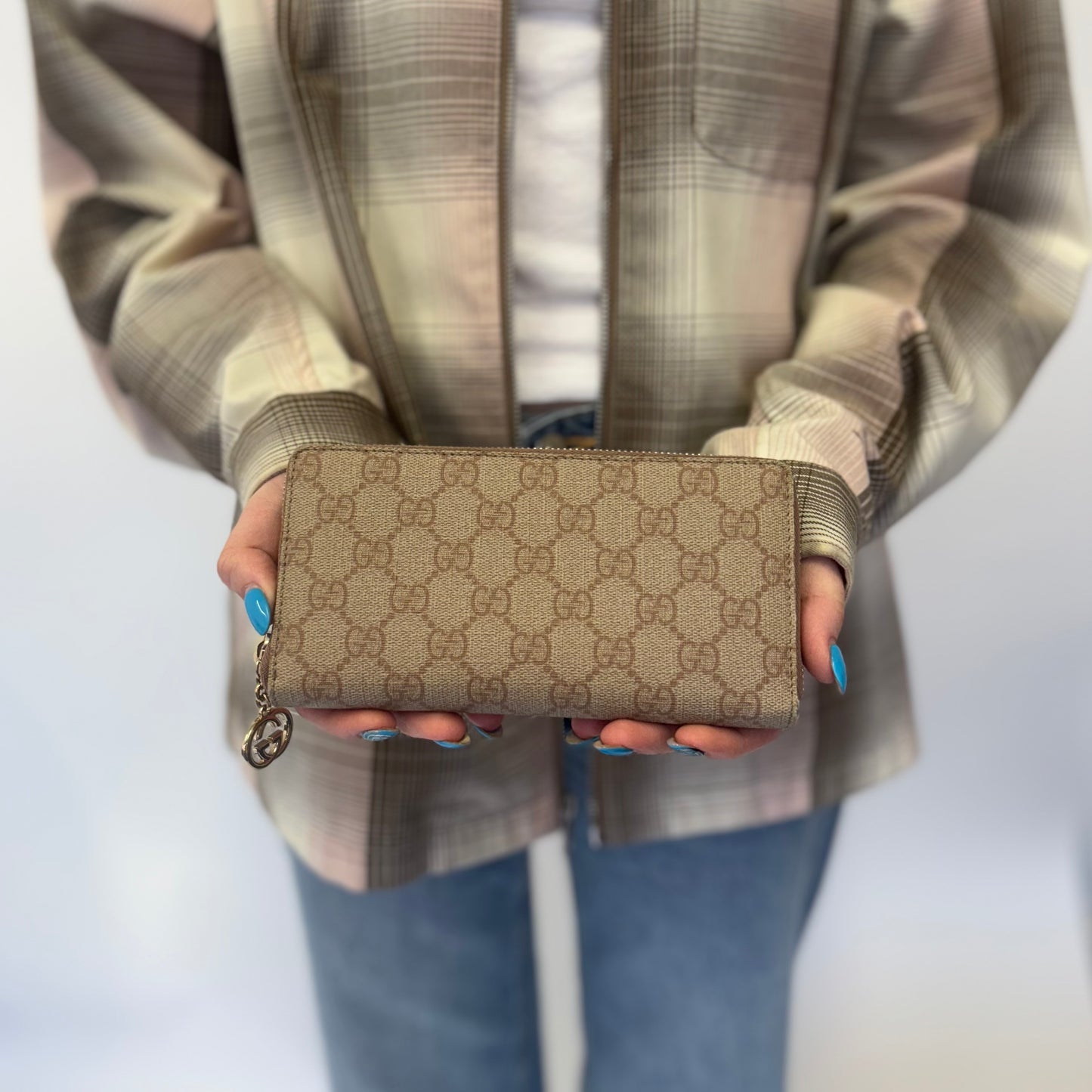 Gucci Pink and Beige GG Supreme Zip Around Long Wallet