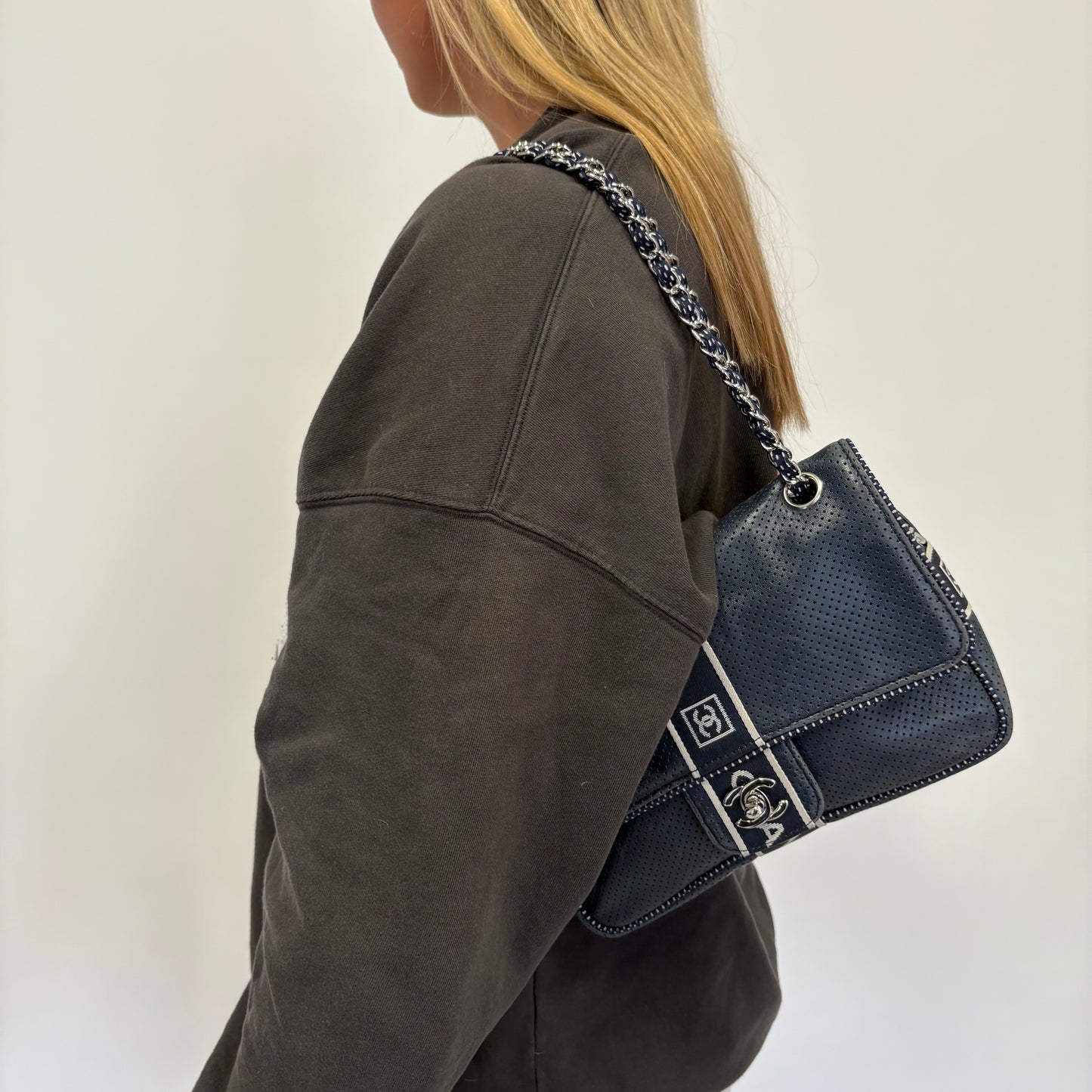 Chanel Sport Ligne Flap Bag Navy Blue Perforated Leather 2004/05