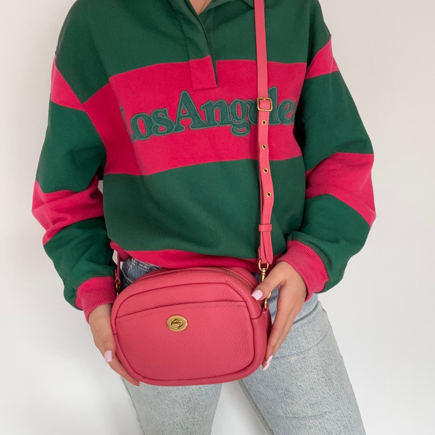 Coach Turnlock Camera Bag with Logo Strap Pink Leather