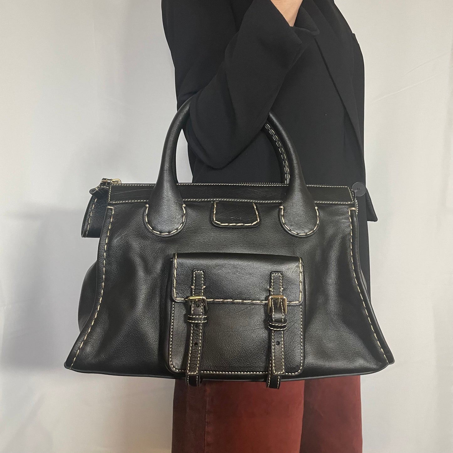 Chloe Edith Medium Top Stitch Day Bag Black
