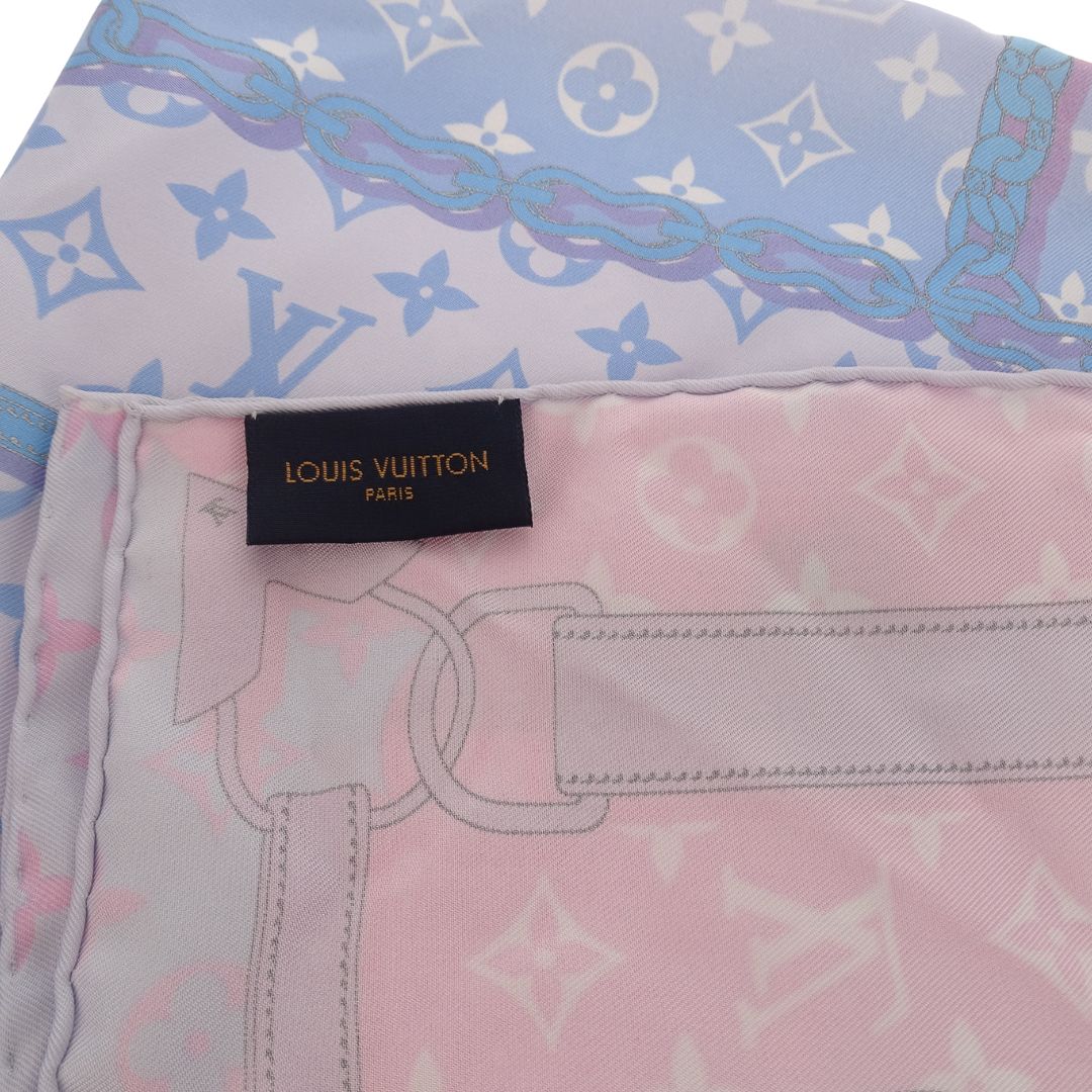 Louis Vuitton Silk Scarf 70cm Blue & Pink Monogram Straps