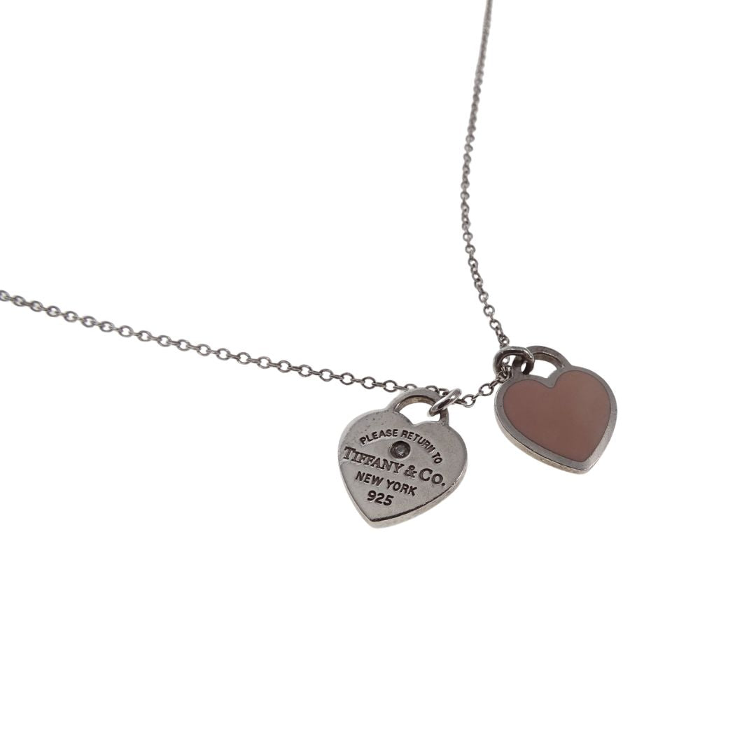 Tiffany & Co Mini Double Heart Pendant Pink Enamel & Silver with a Diamond