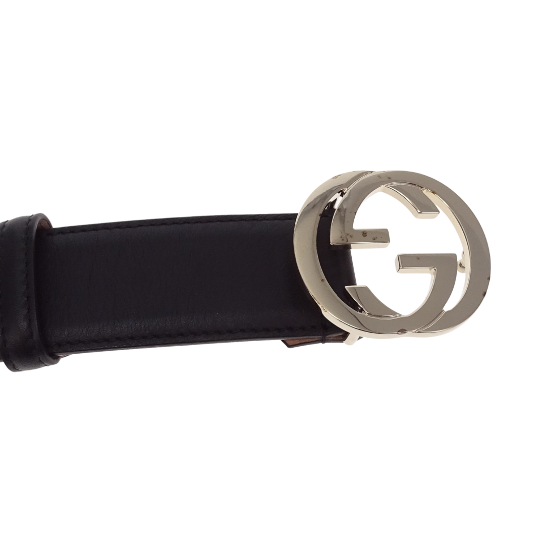 Gucci Interlocking G Gold Buckle Black Belt 80cm