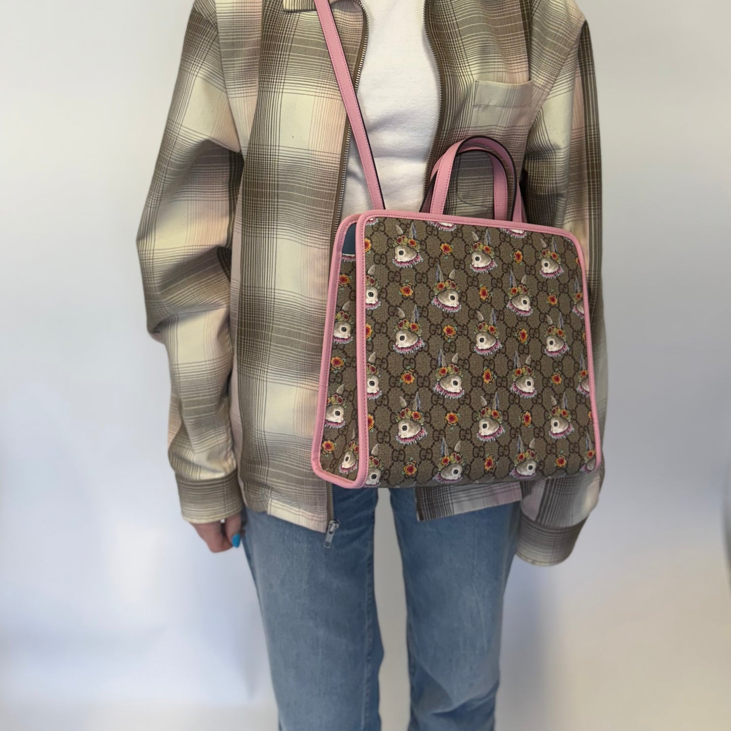 Gucci Children's Rabbit Print GG Tote With Pink Trims