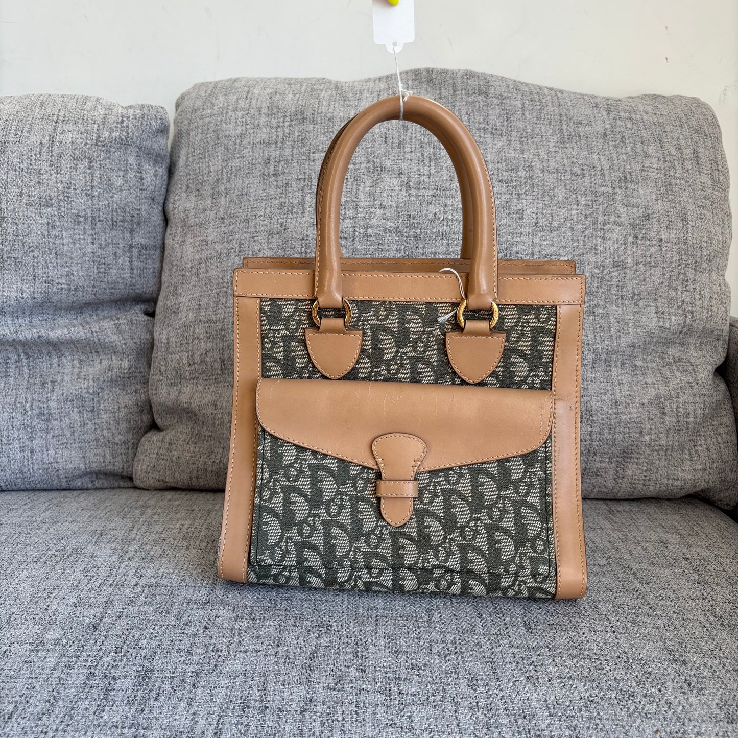 Dior Green Oblique and Tan Leather Vintage Tote Bag 2002