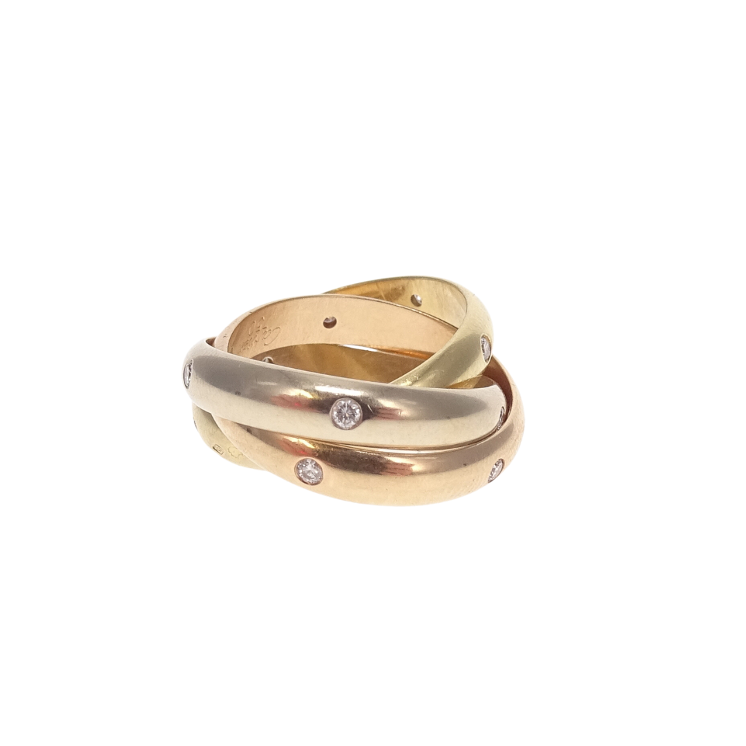 Cartier 18K Rose, Gold and White Gold Trinity Ring Medium Model with Diamonds Size 52