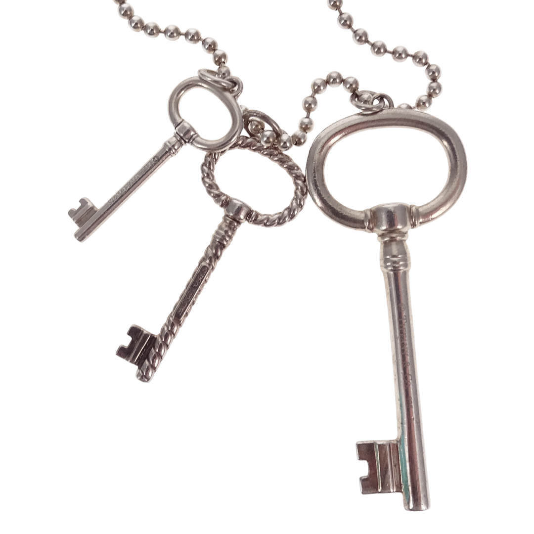 Tiffany & Co 3 Key Necklace with Beaded Chain Sterling Silver