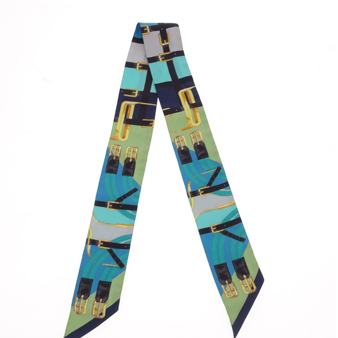 Hermes Silk Twilly Buckles & Straps Green & Blue