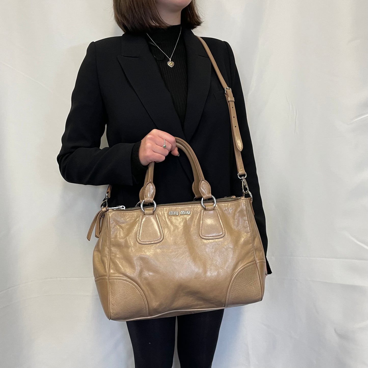 Miu Miu Vitello Shine Beige Double Zip Tote With Strap