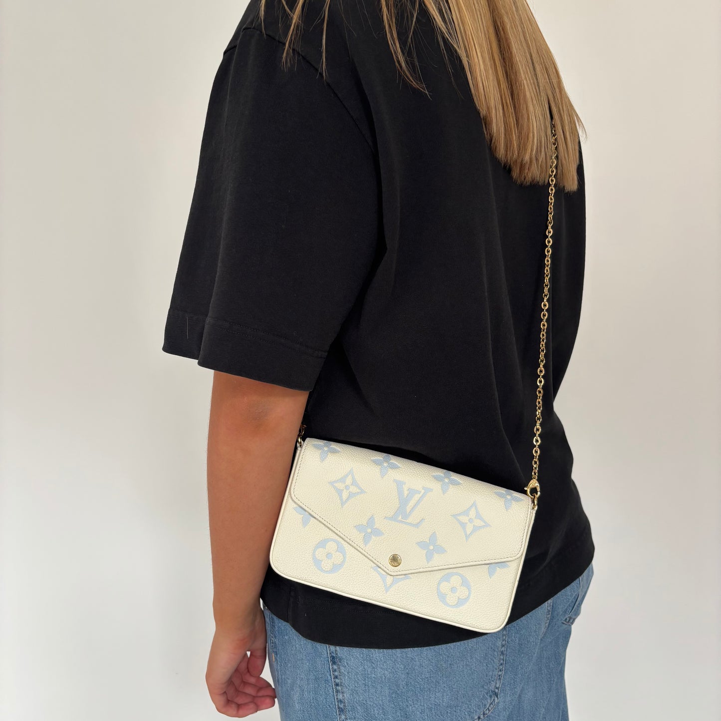 Louis Vuitton Felicie Latte and Candy Blue Giant Empreinte (NFID)
