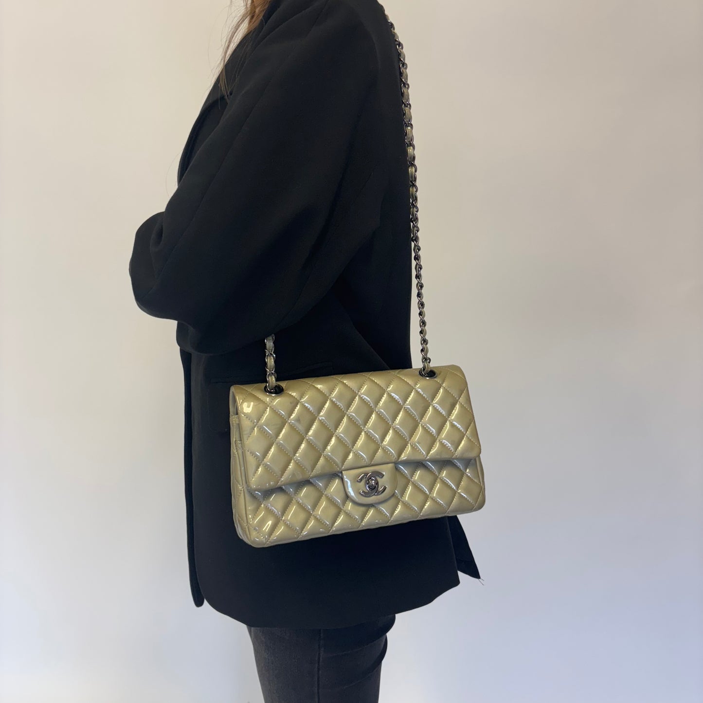 Chanel Classic Medium Double Flap Metallic Sage Green Patent GMH 2012/13