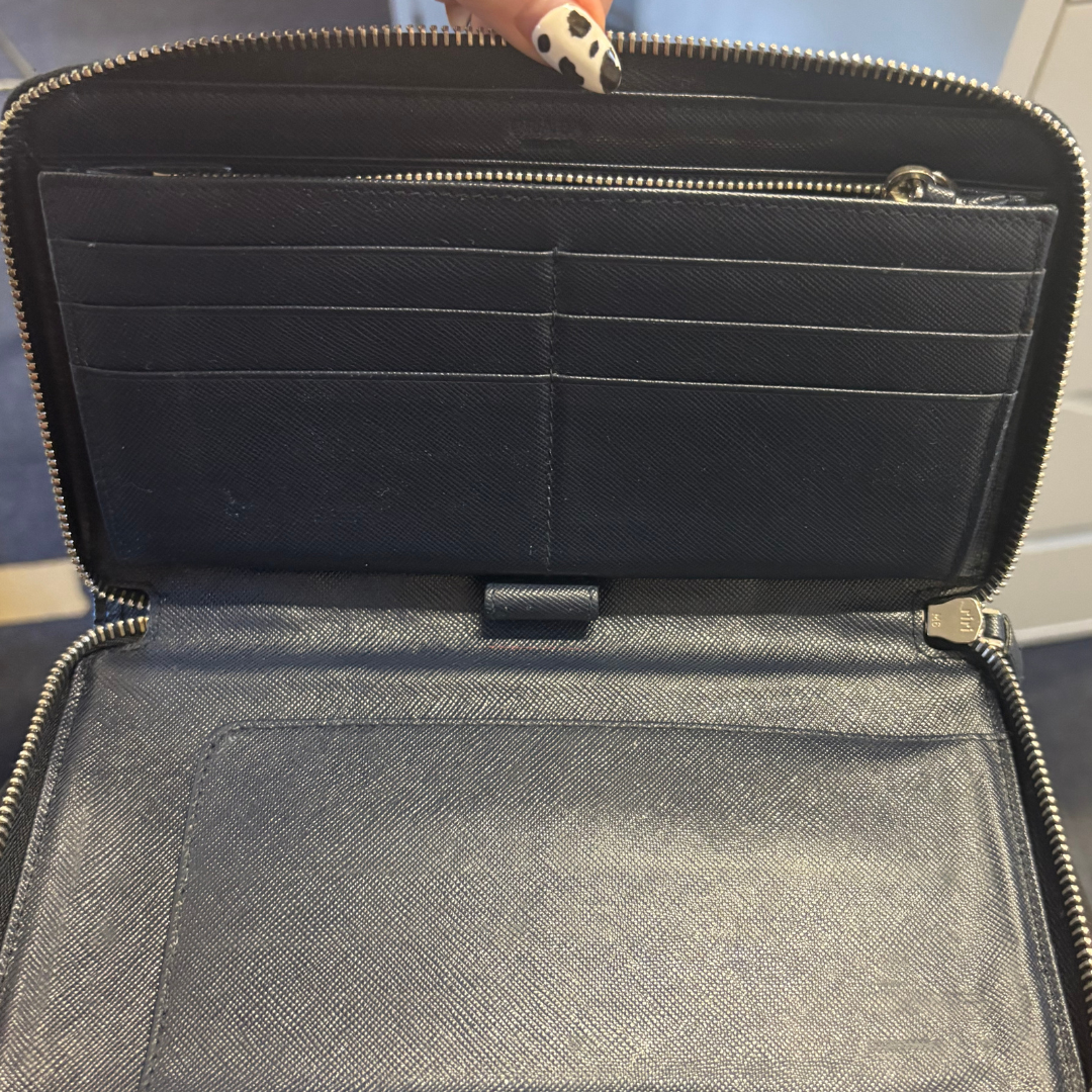 Prada Saffiano Unisex Travel Wallet Navy With Bellboy Feature