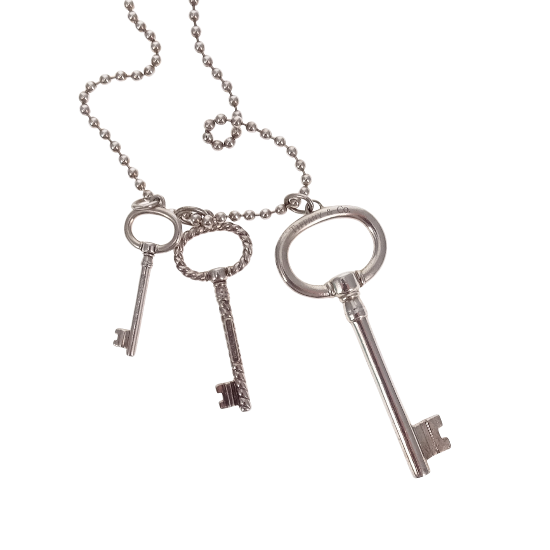 Tiffany & Co 3 Key Necklace with Beaded Chain Sterling Silver