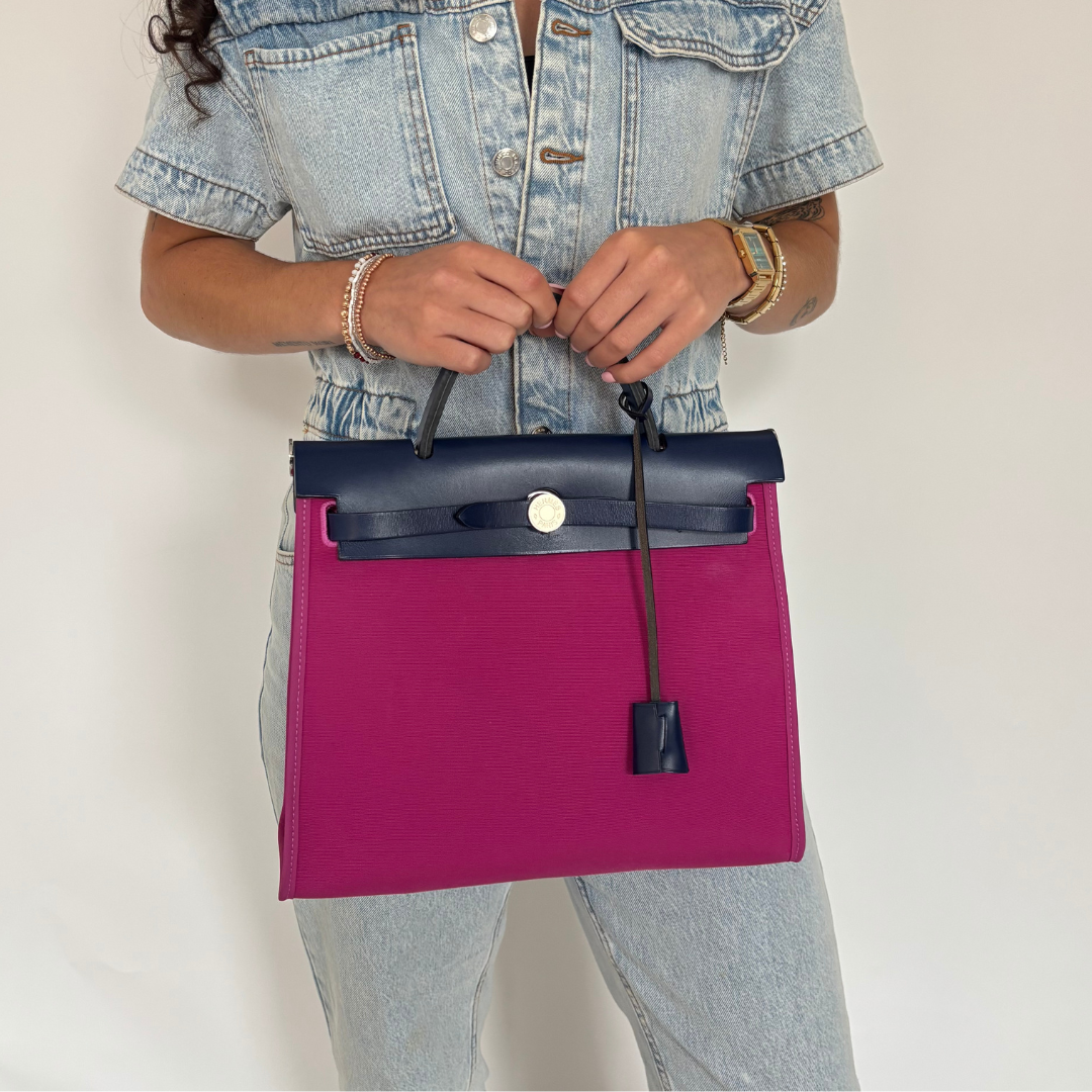 Hermes Magnolia Canvas and Bleu Saphir Vache Hunter Herbag Zip 31cm