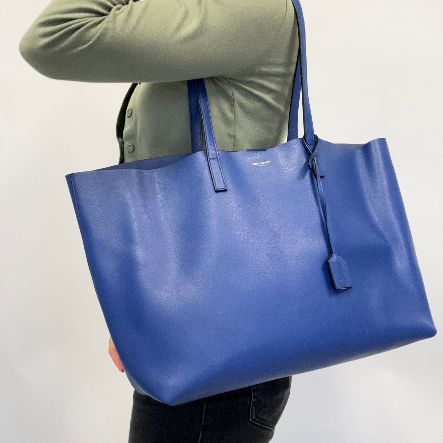 Saint Laurent East West Shopping Tote Blue Leather