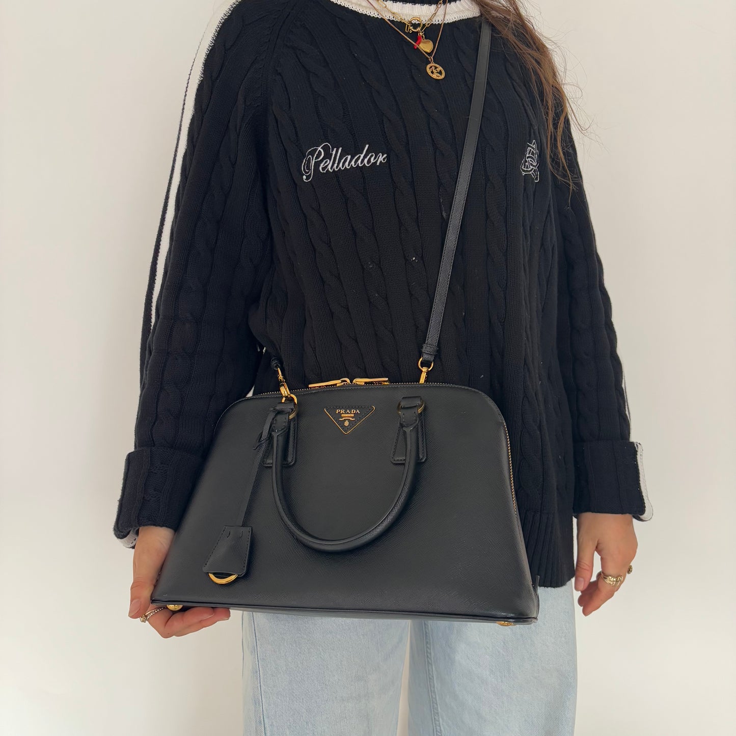 Prada Dome Bag With Strap Black Saffiano Leather GHW