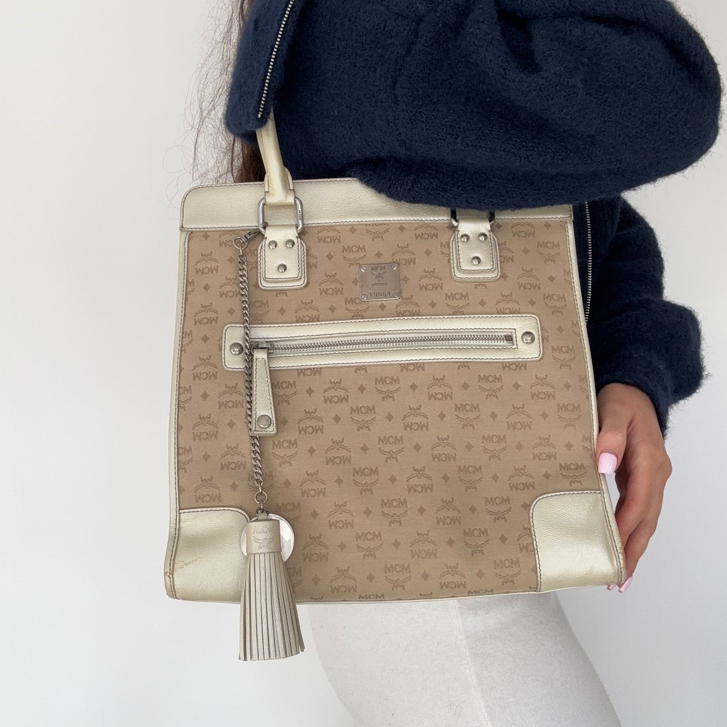 MCM Gold Leather & Canvas Tassel Tote