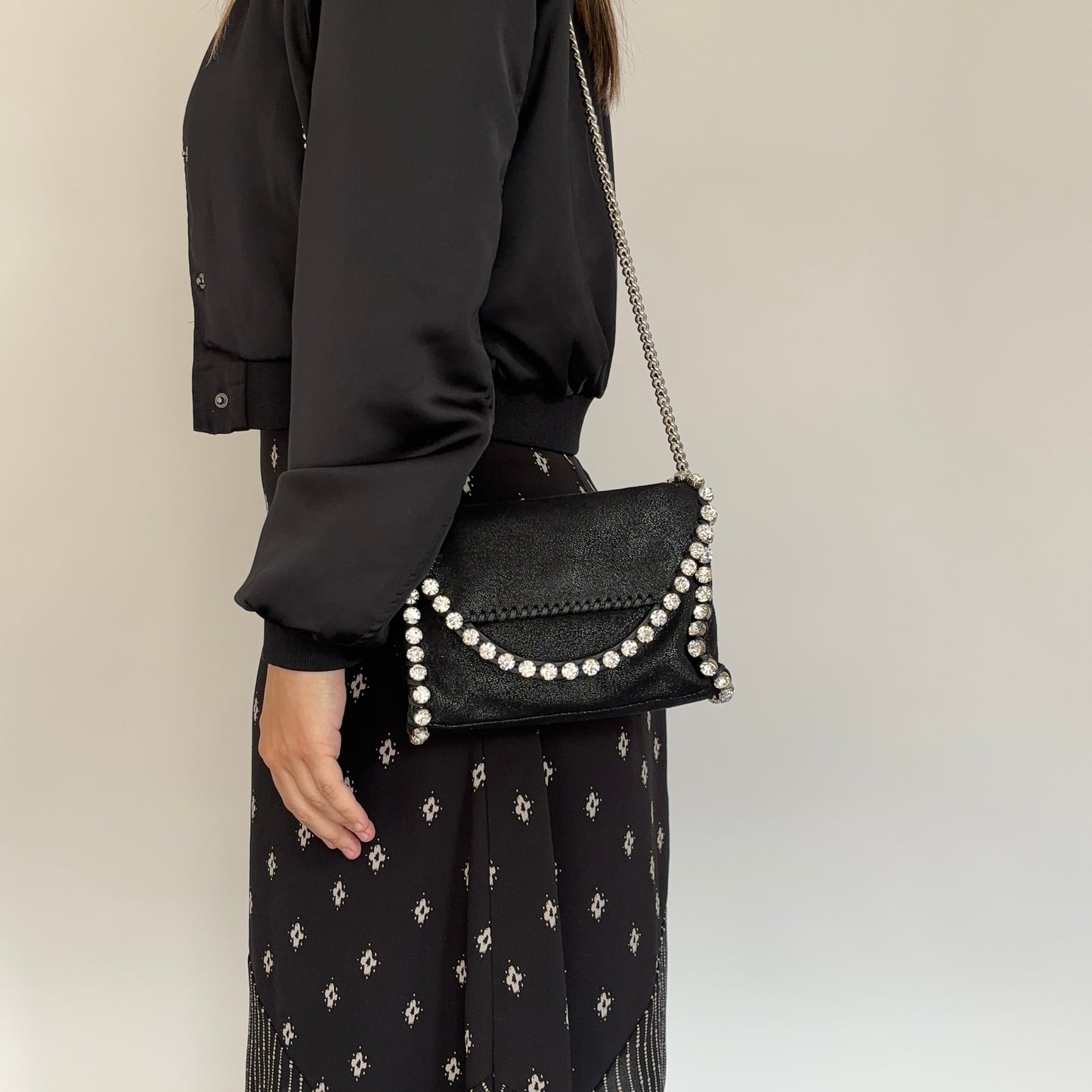 Stella McCartney Falabella Crystal Mini Foldover Black Shaggy Deer SH