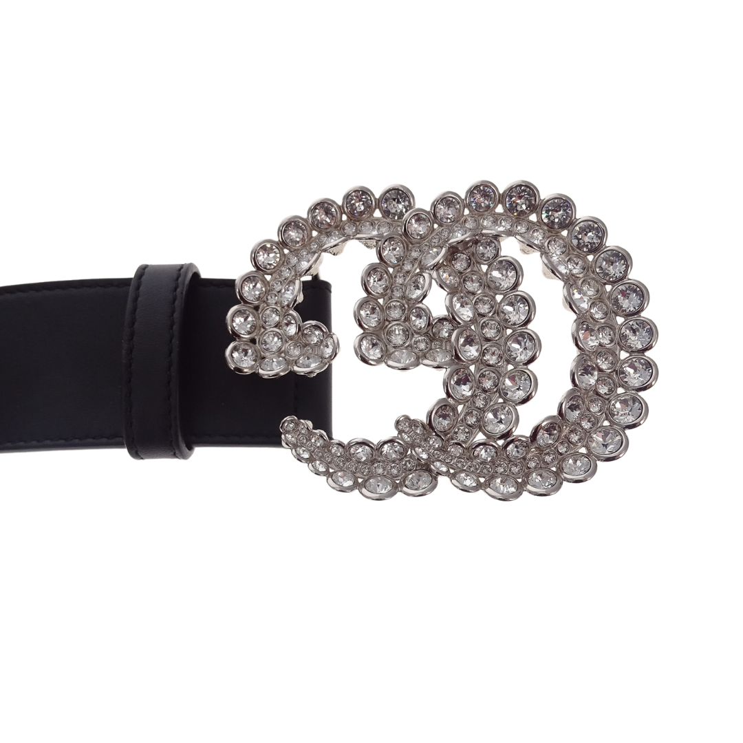 Gucci Black Calfskin Crystal Large Double G Belt 65cm