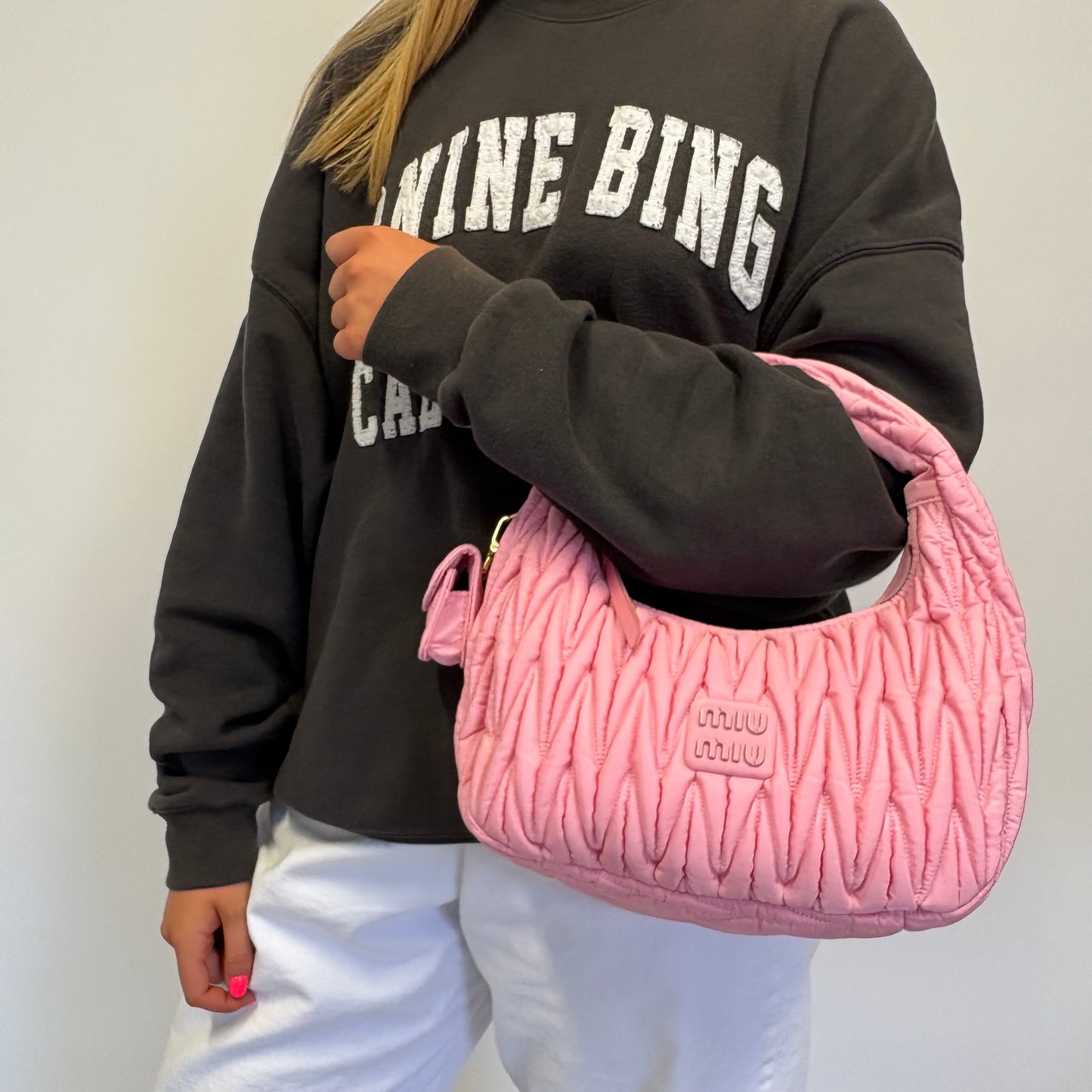 Miu Miu Wander Hobo Bag Pink Matelassé Regenerated Nylon