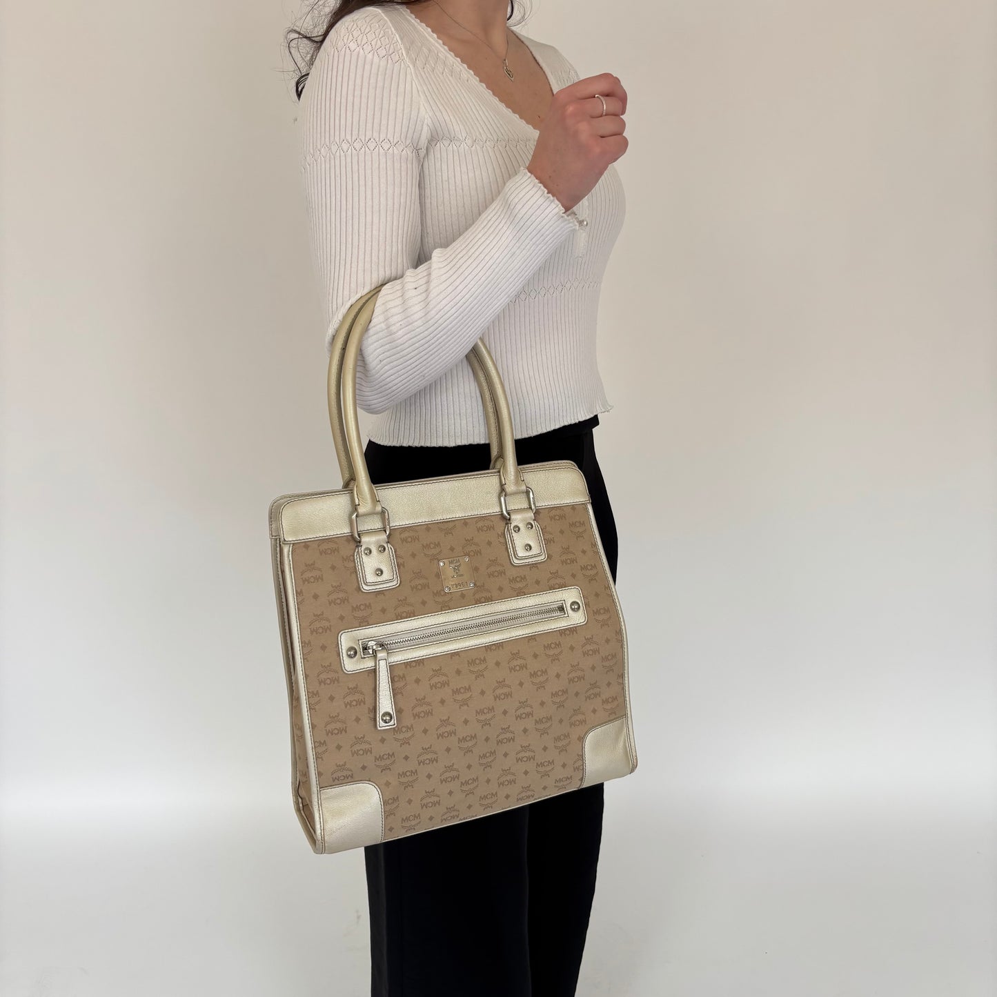 MCM Gold Leather & Canvas Tassel Tote