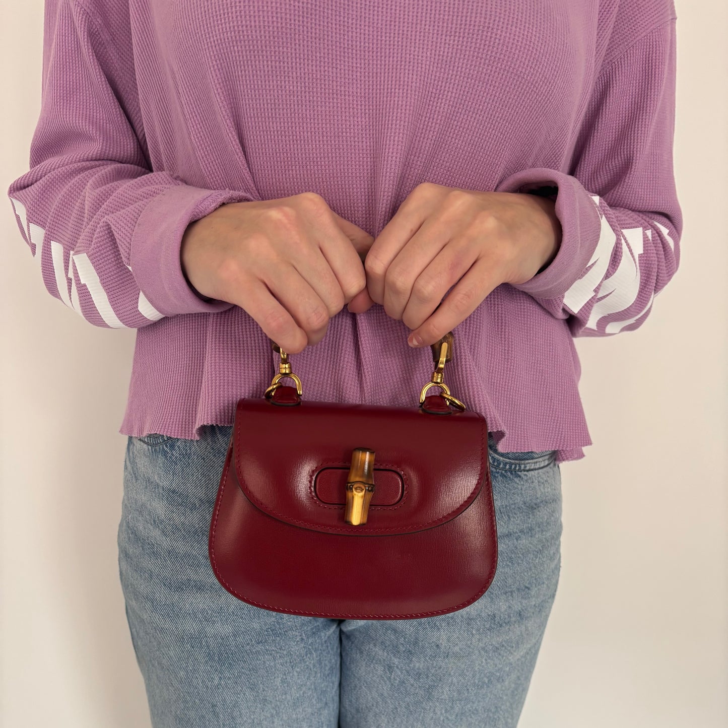 Gucci Bamboo 1947 Small Bag Red Leather With Dual Web & Thin Leather Strap