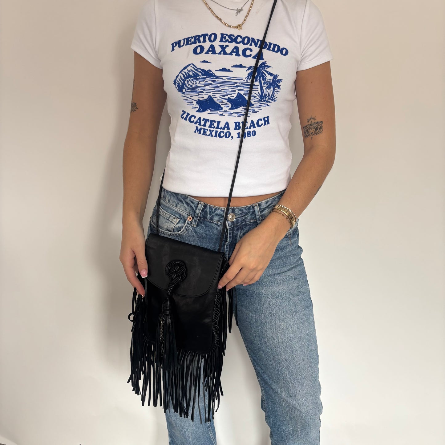 Saint Laurent Shoulder Bag Black Leather Fringe and Macrame Detail